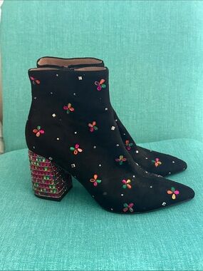 Betsey Johnson Black Suede Ankle Boots with Multicolor Embellished Heel